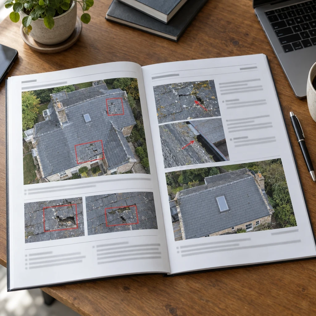 Rapport d’inspection par drone illustré de photographies aériennes annotées d’une toiture
