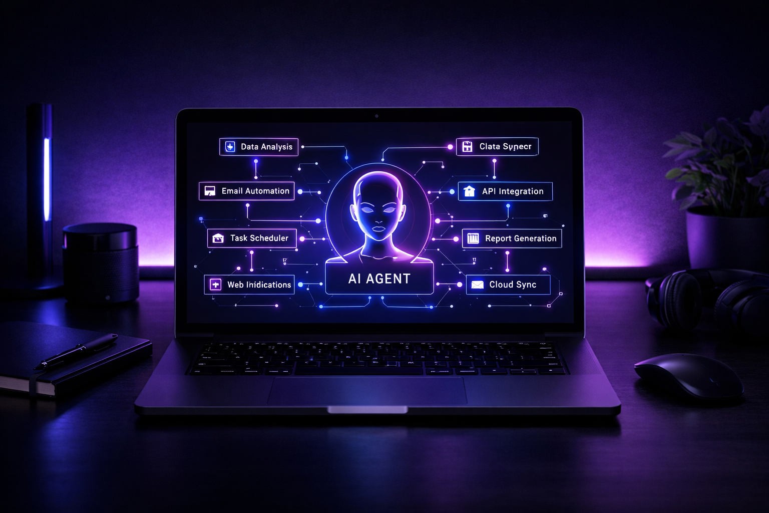 Interfaz de un agente de inteligencia artificial para empresas mostrando flujos de automatización conectados