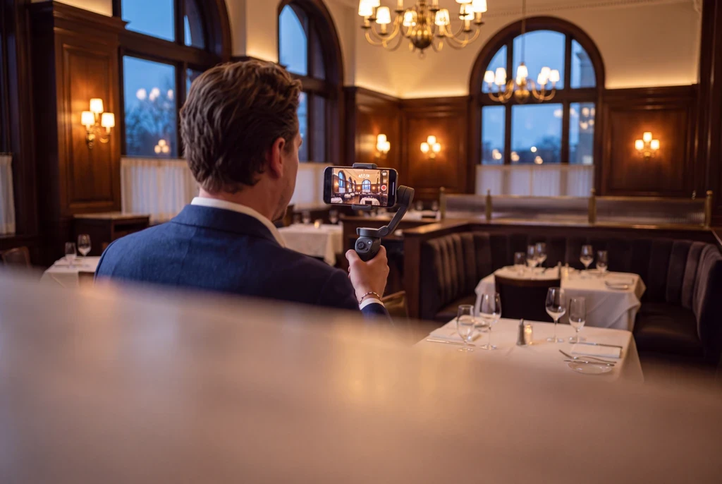 A man films diners with beers and burgers using a phone on a gimbal, with video lights on stands nearby