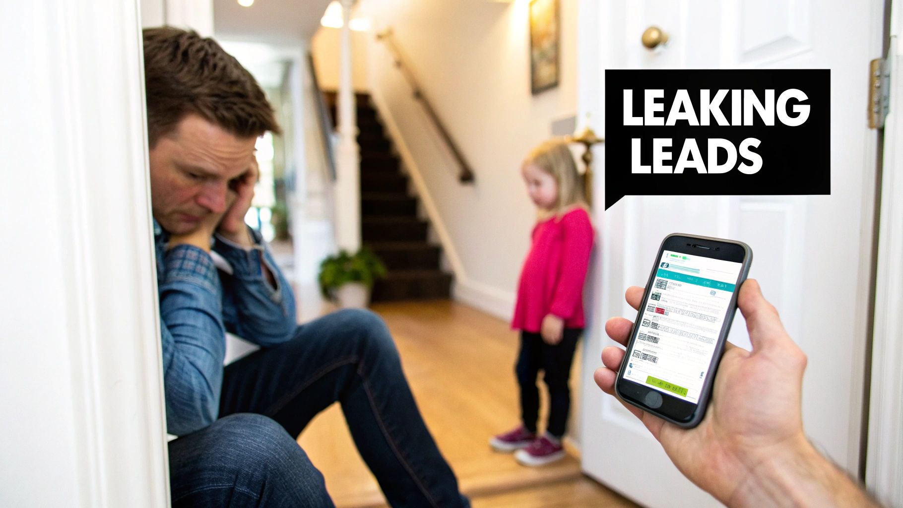 A distressed man sits indoors, while a hand holds a phone displaying 'LEAKING LEADS' in a speech bubble.
