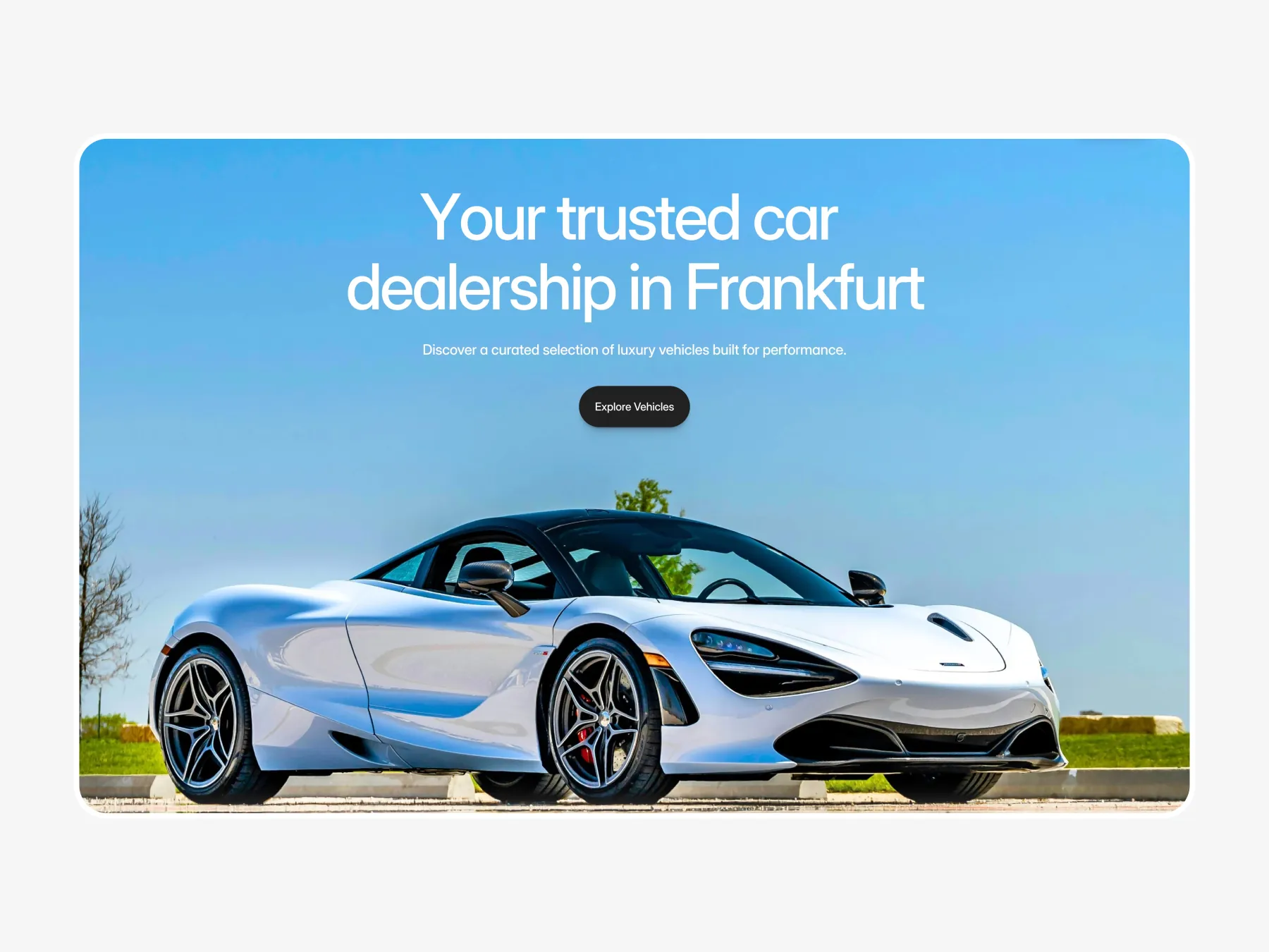 Car dealership website template hero section with vehicle showcase and call to action