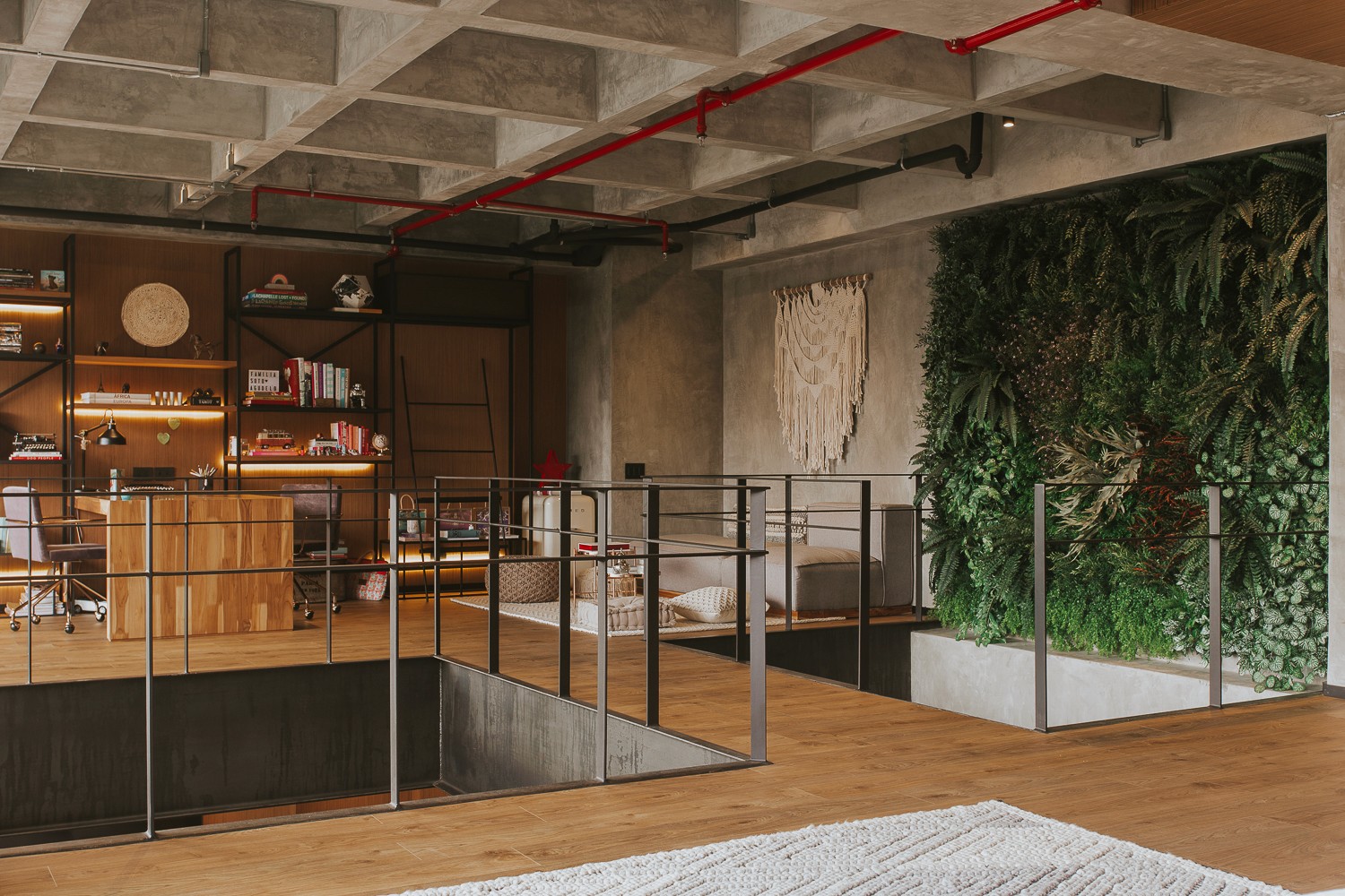 Double-height interior with flowing sculptural forms and warm raking light