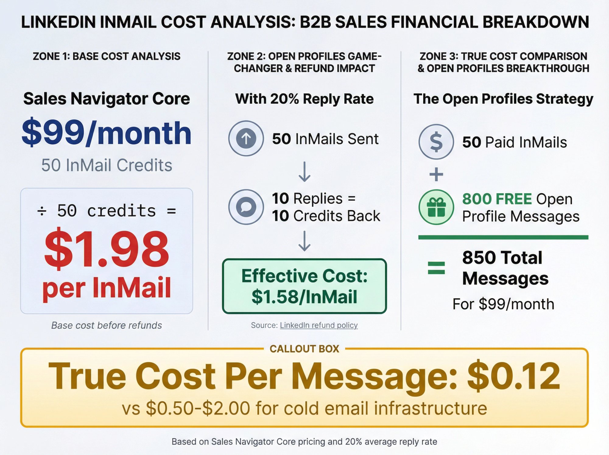 LinkedIn InMail true cost breakdown comparing $1.98 base cost vs $0.12 effective cost with Open Profiles strategy