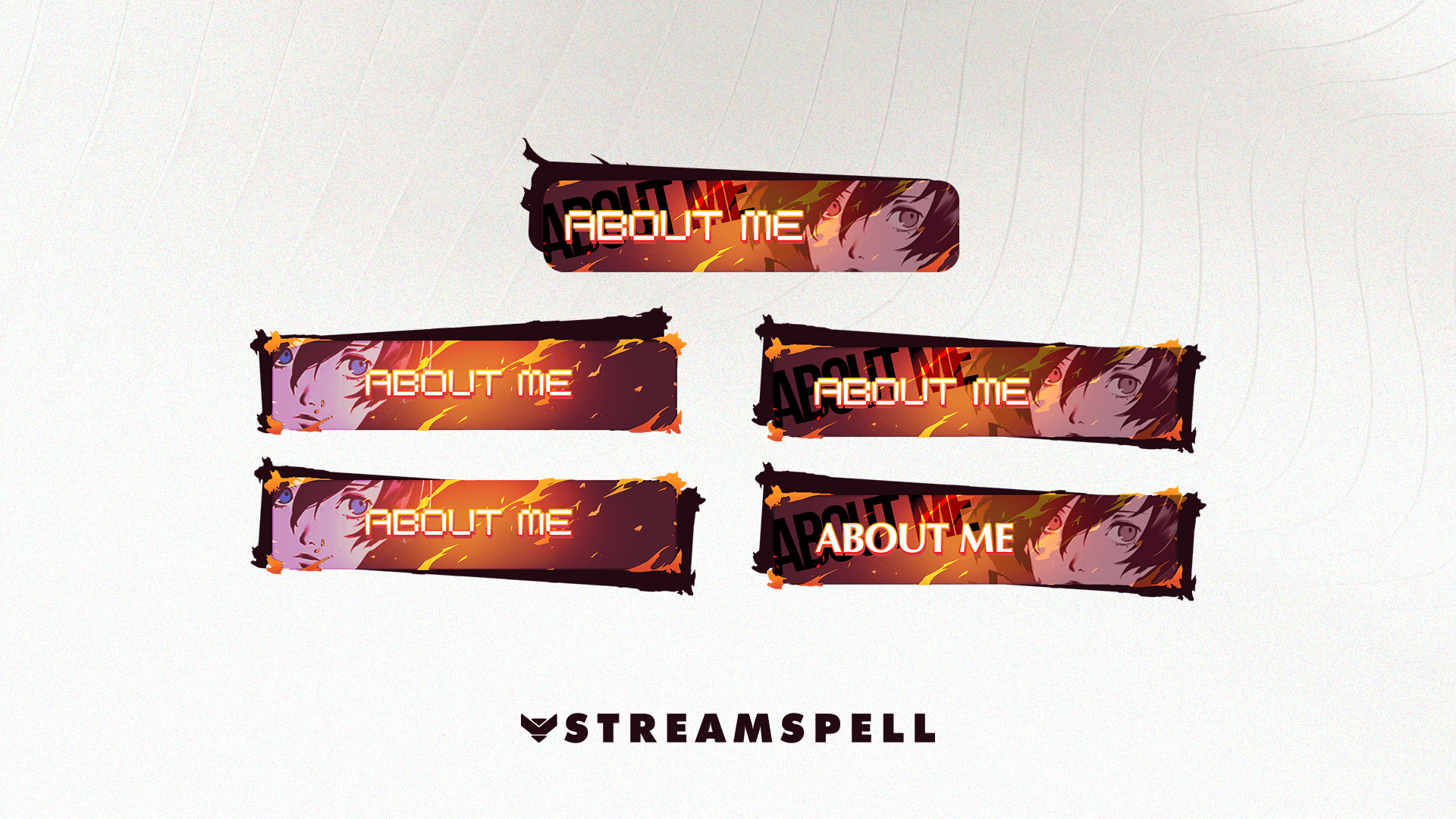 Five Blaze stream panel variations with orange flames, character-led artwork, and About Me labels