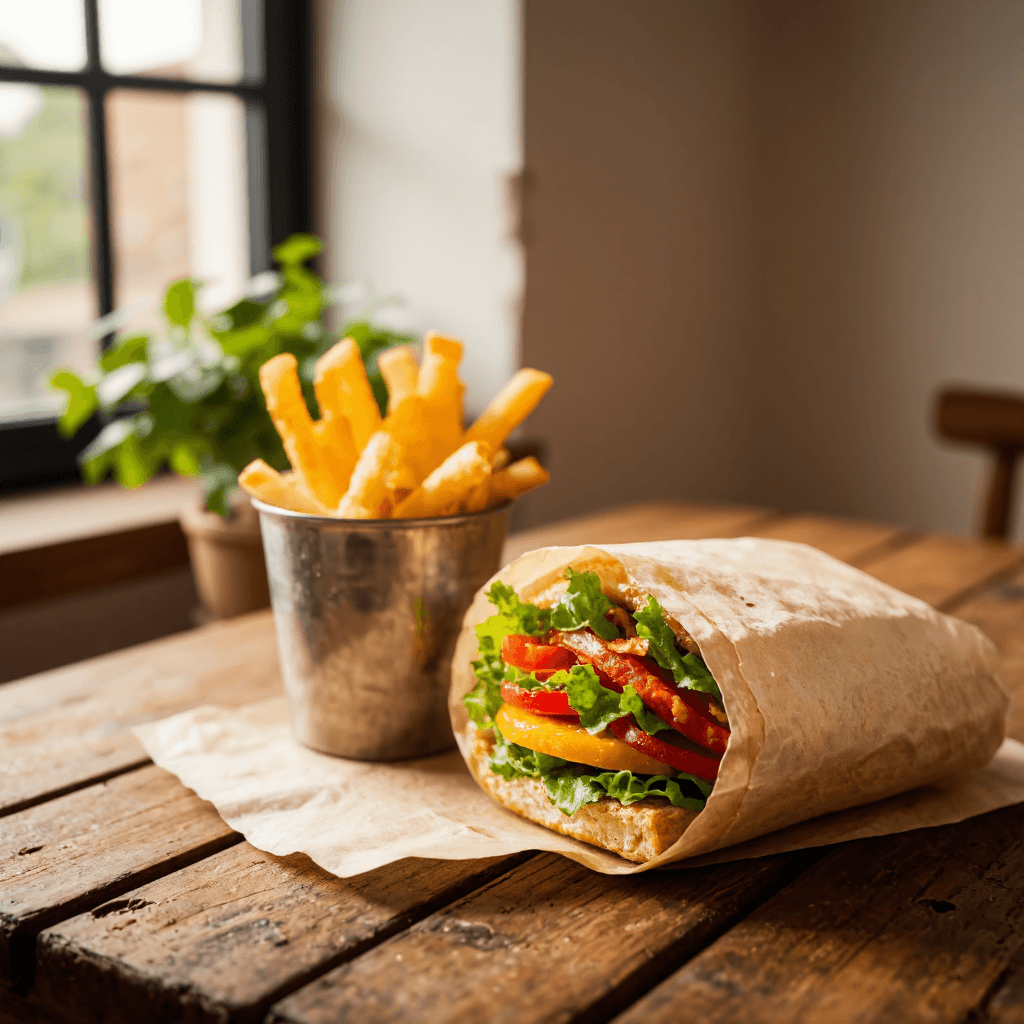 product photography of a wrapped sandwich with vegetables and sauce, served with a side of fries