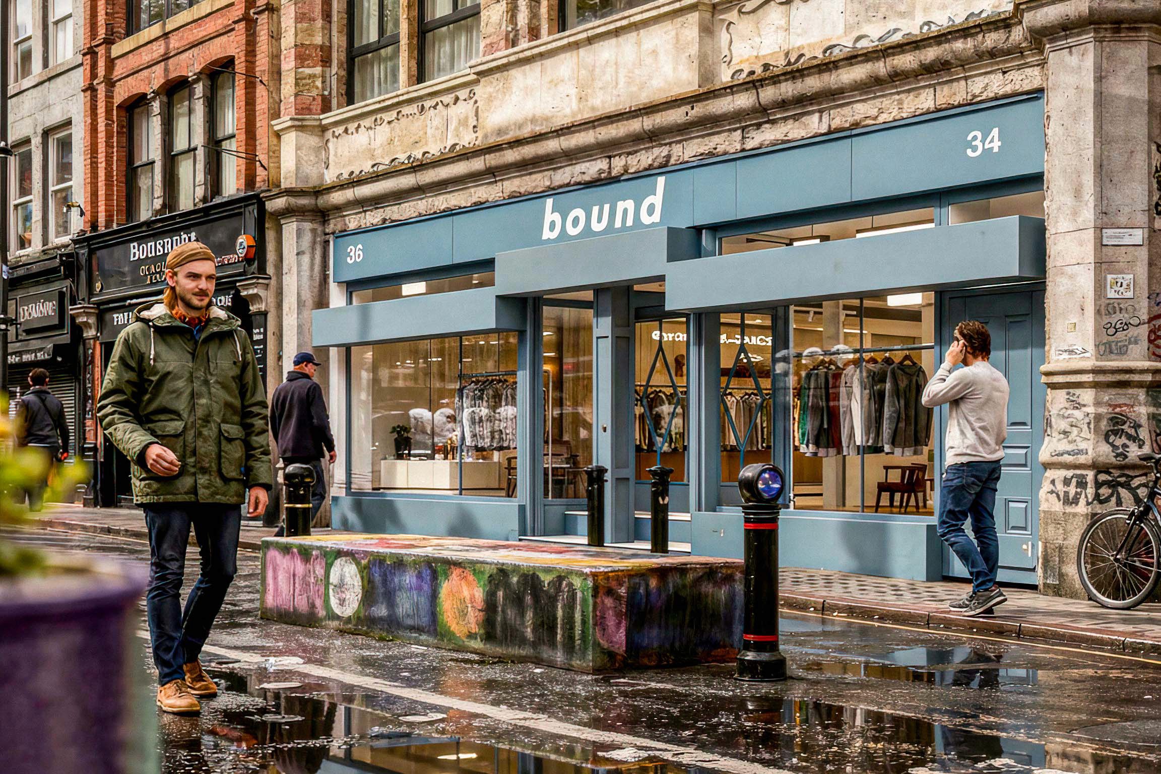 CGI architectural visualisation by James Lyons of PixelSpaces showing the proposed Bound clothing store on Thomas Street in Manchester's Northern Quarter, featuring a photorealistic retail storefront design integrated into the existing streetscape