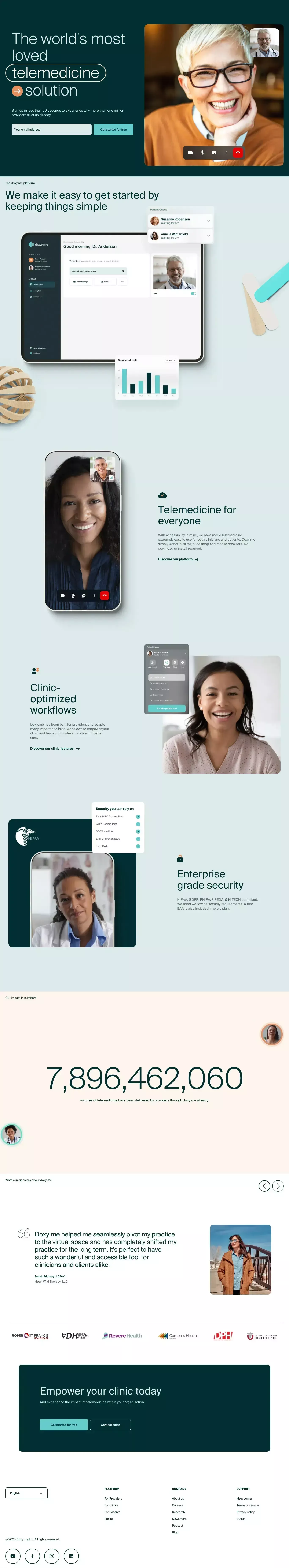 The Simple, Free, and Secure Telemedicin landing page screenshot showcasing Medical and Tech design
