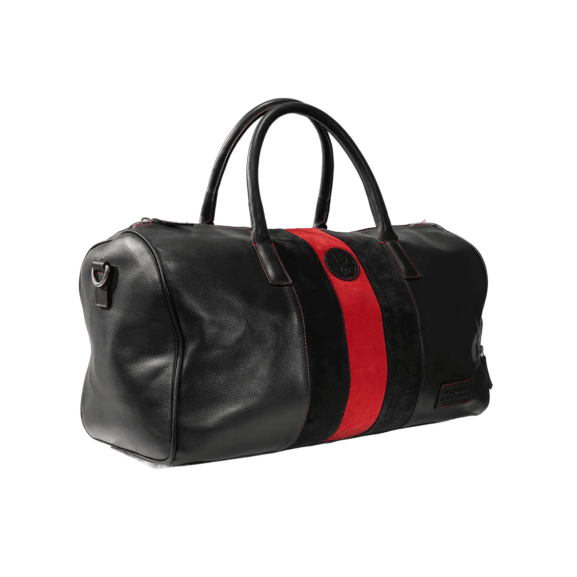 Black duffel bag with a red stripe on a white background