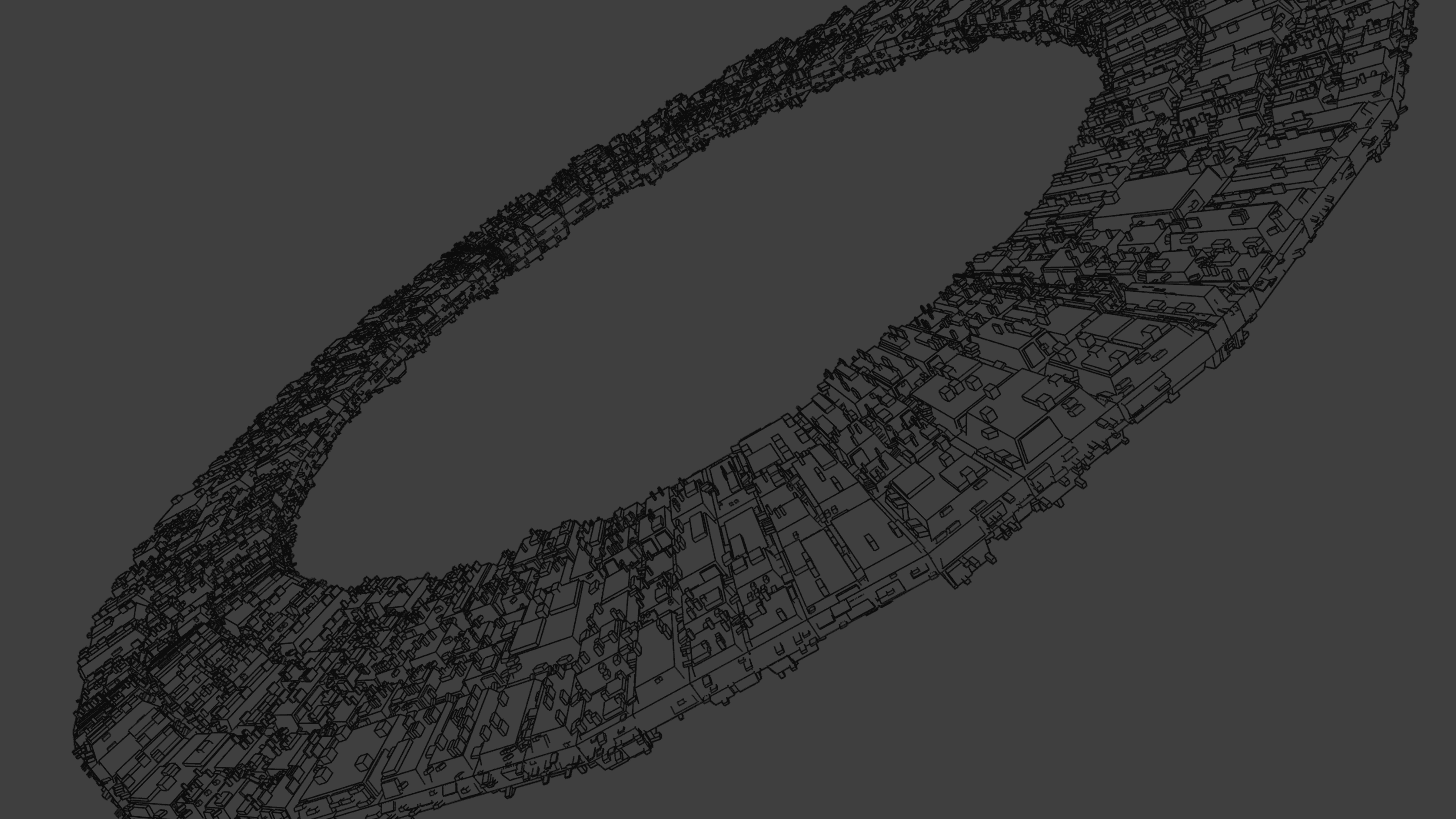 Angled grey 3D study showing the ring’s fragmented mechanical details.