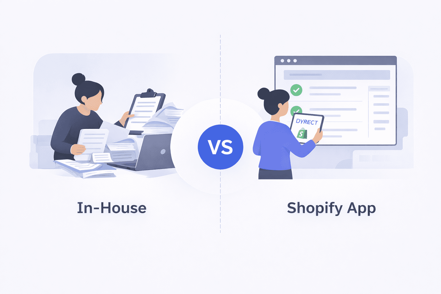 Split illustration comparing in-house warranty management and a Shopify app, with one side showing a person overwhelmed by paperwork and documents at a desk and the other showing a person using a Shopify-based dashboard with checkmarks, separated by a “VS” label to highlight the contrast.