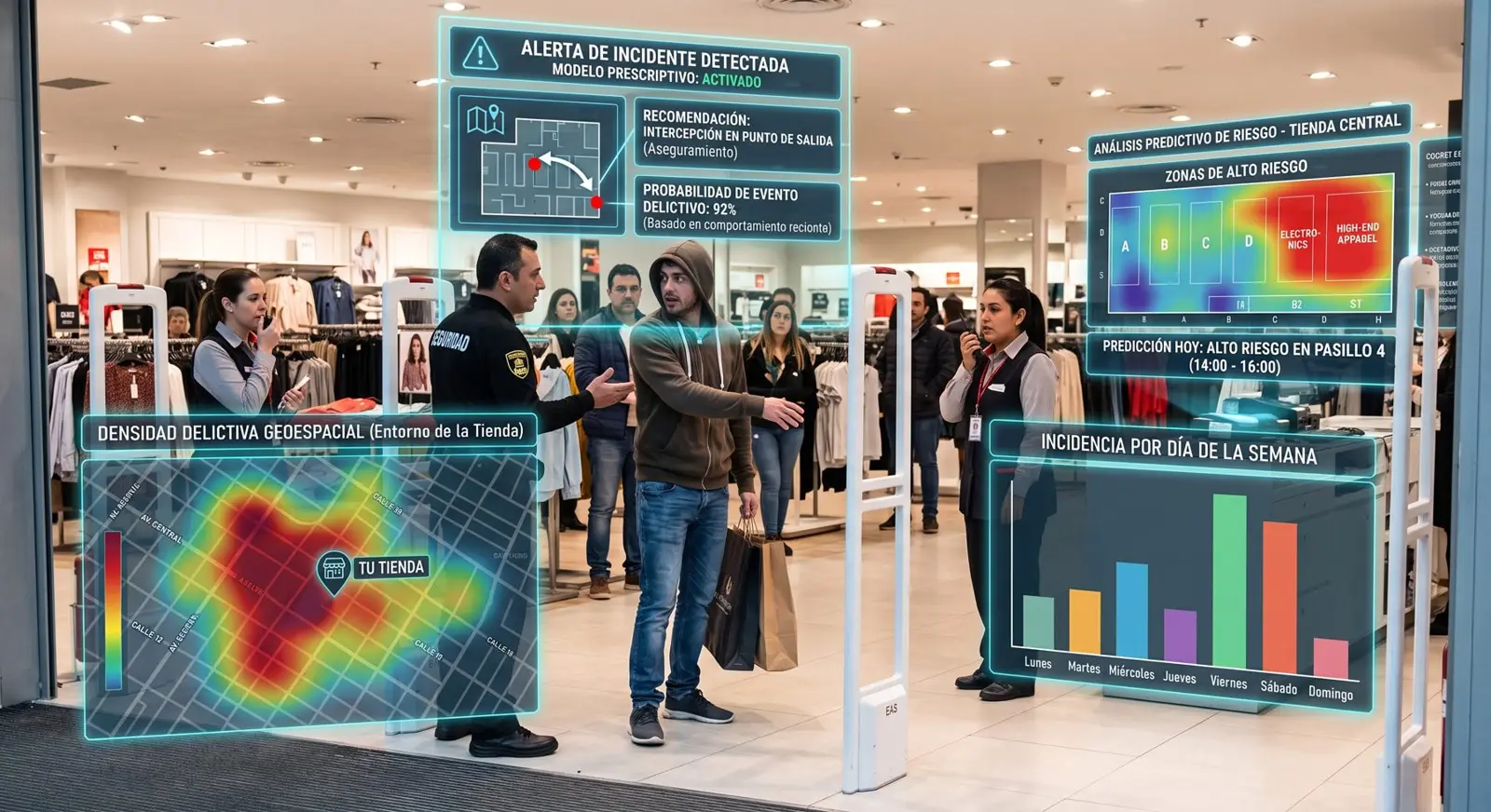 Equipo de seguridad en tienda apoyado por análisis predictivo de riesgo