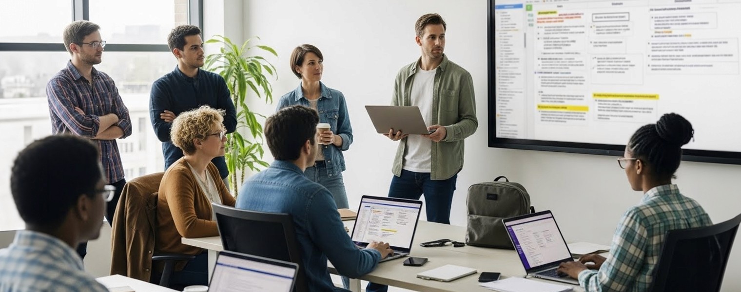 Group of people having a meeting in a room with a whiteboard.
