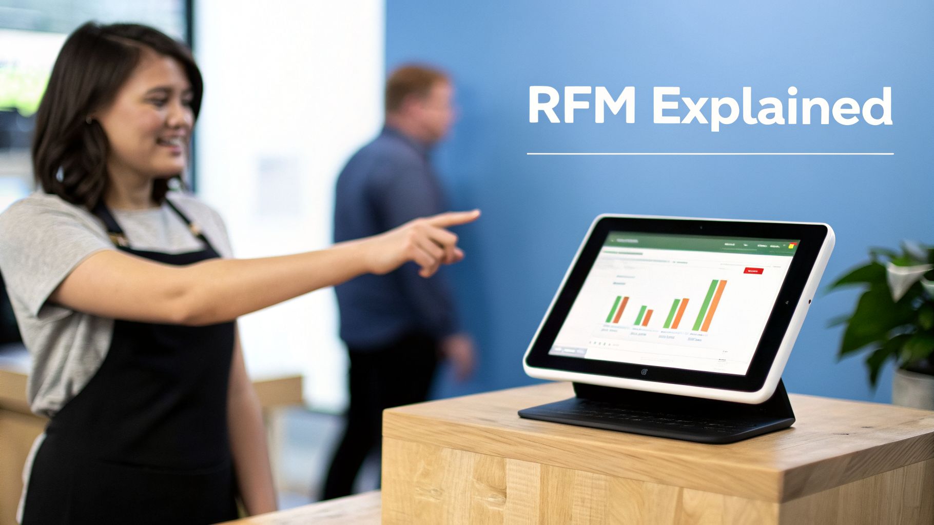 A smiling employee points at a tablet displaying RFM customer segmentation data and charts.