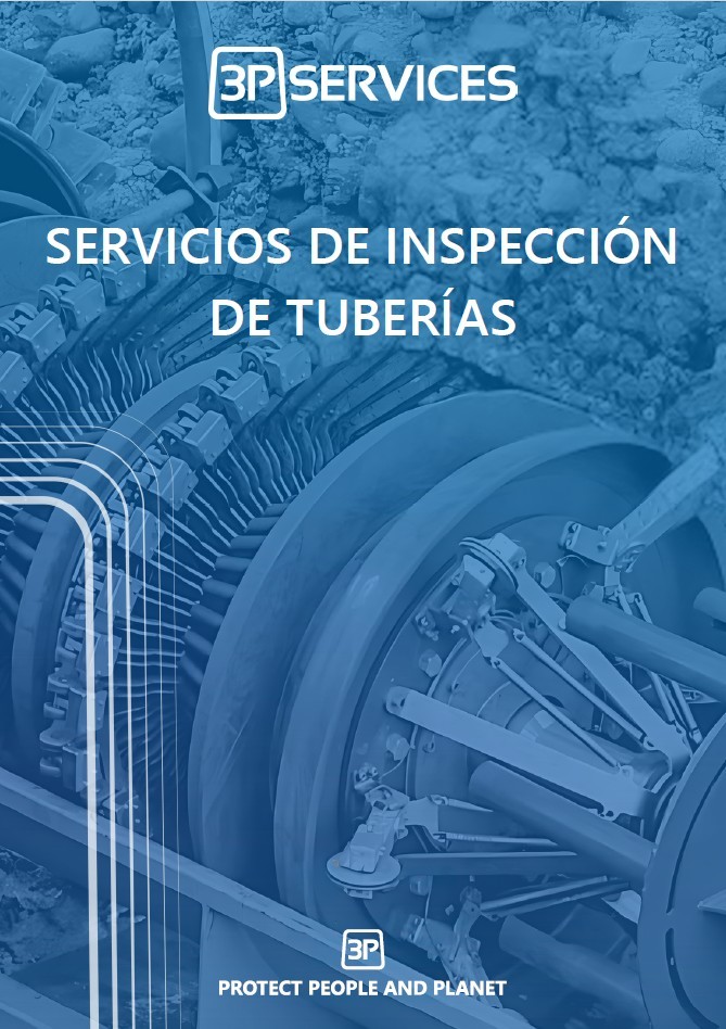 Broschüre für 3P Services, die Dienstleistungen zur Rohrleitungsinspektion zeigt. Logo oben und unten auf der Broschüre.