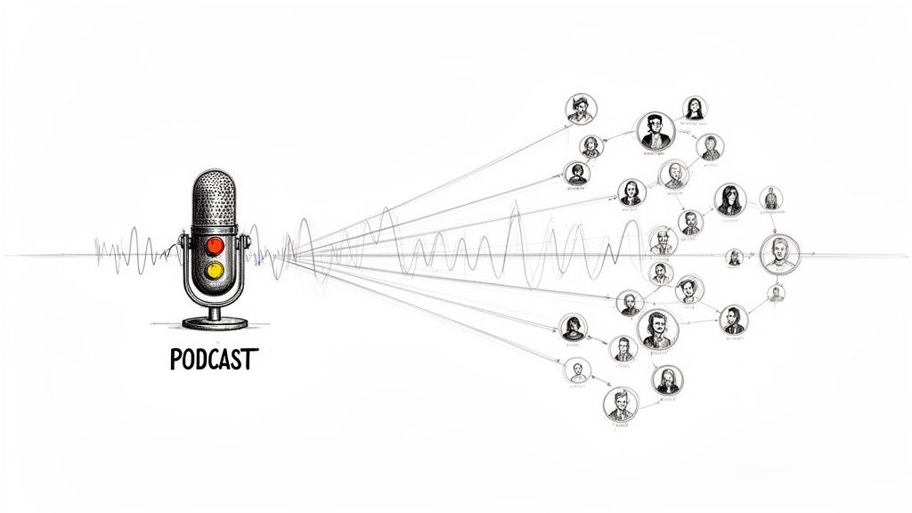 A podcast microphone emits sound waves connecting to a network of diverse user avatars, symbolizing broadcast reach.