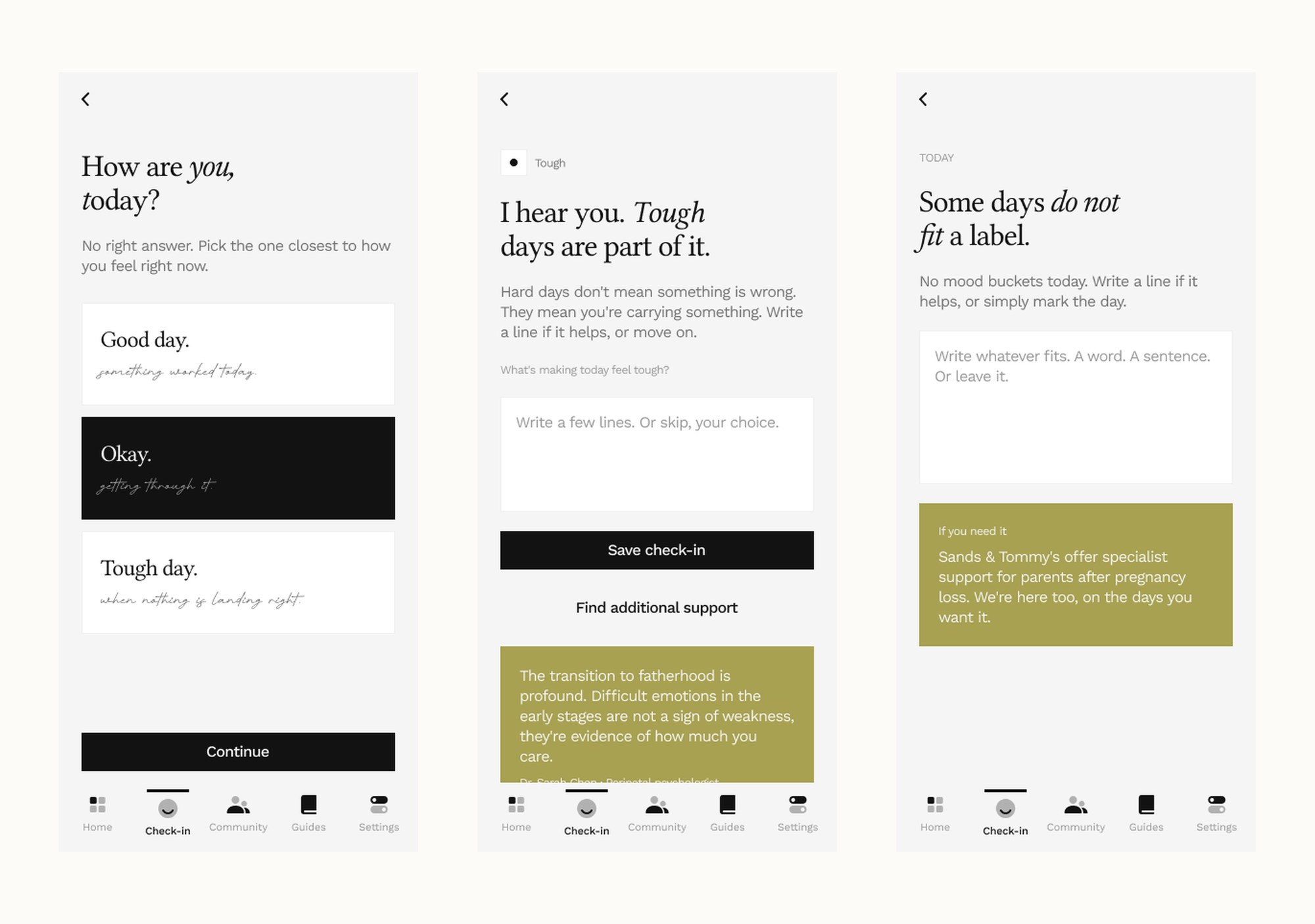 The daily check-in adapting: three moods to pick from, a longer response when the day was tough, and after a pregnancy loss the mood buckets are removed entirely and replaced with specialist support