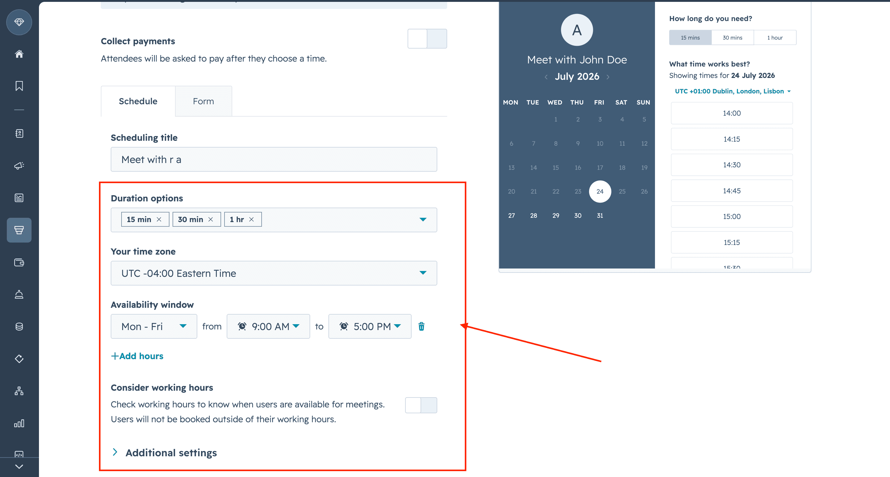 HubSpot Meeting Scheduler meeting event types settings page