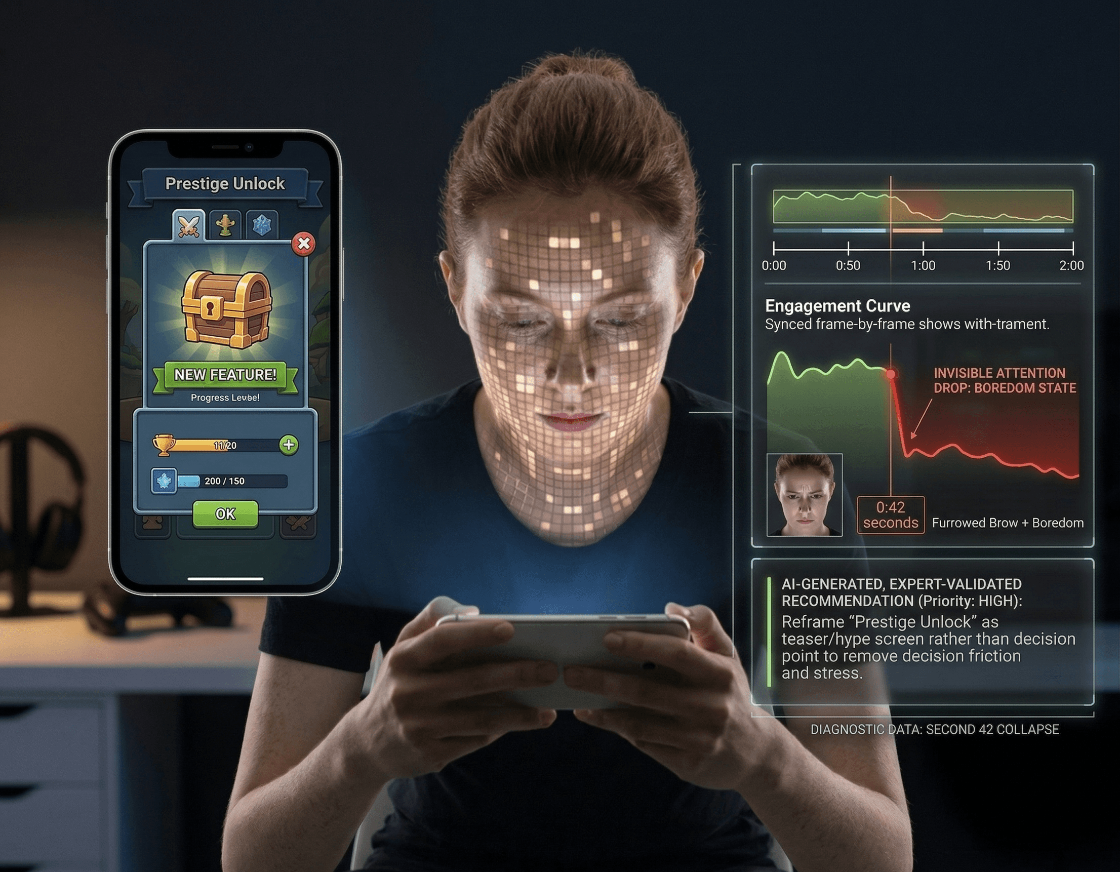 A player has their face monitored as they view an unlock screen