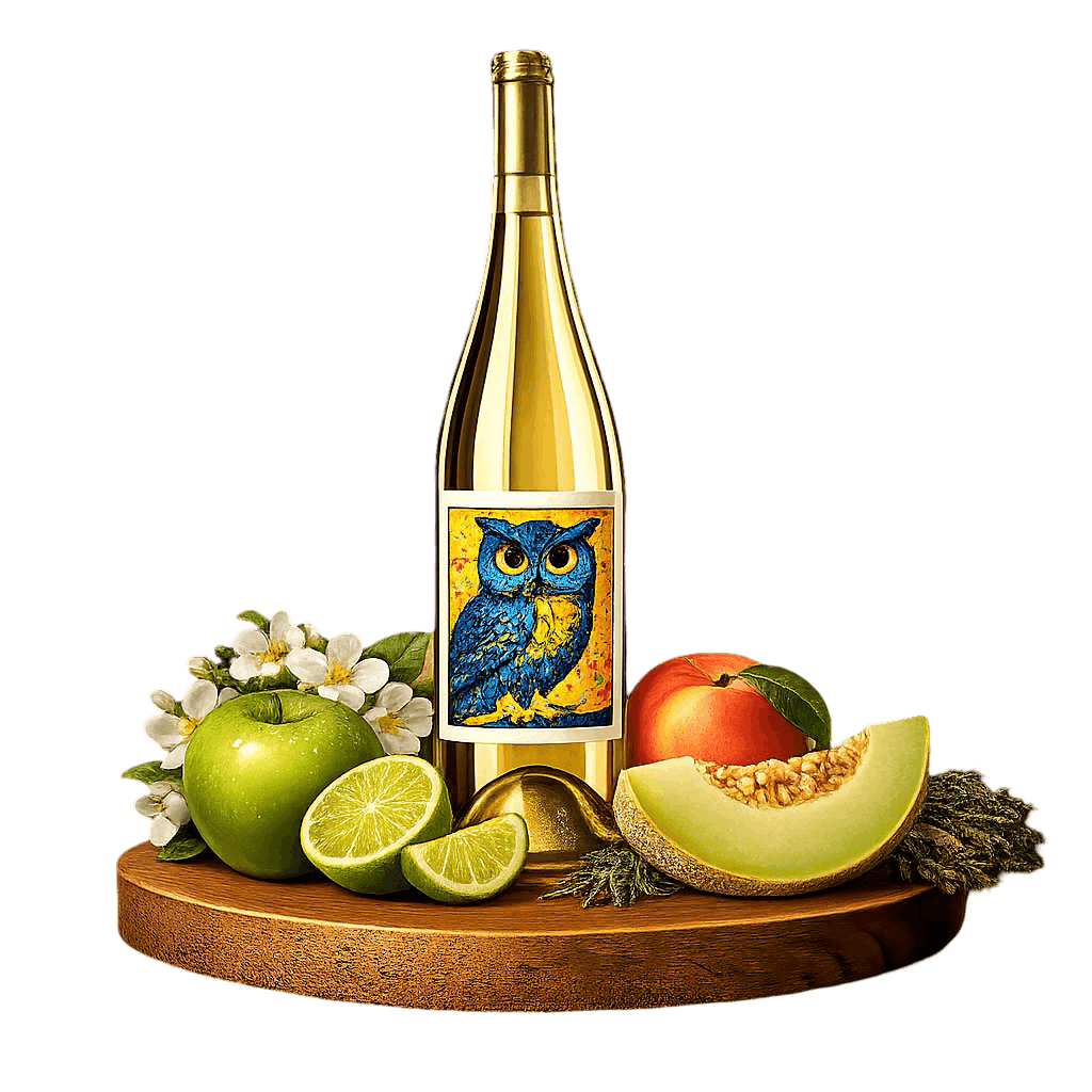 Artistic label and flavor profile for Greek Savatiano on a rustic wooden table.