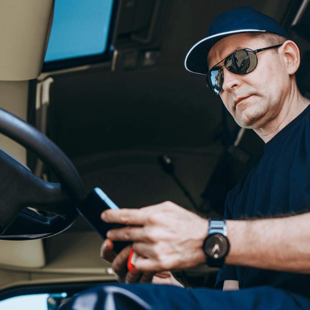  Truck driver using mobile phone for digital driver check-in before warehouse dock arrival