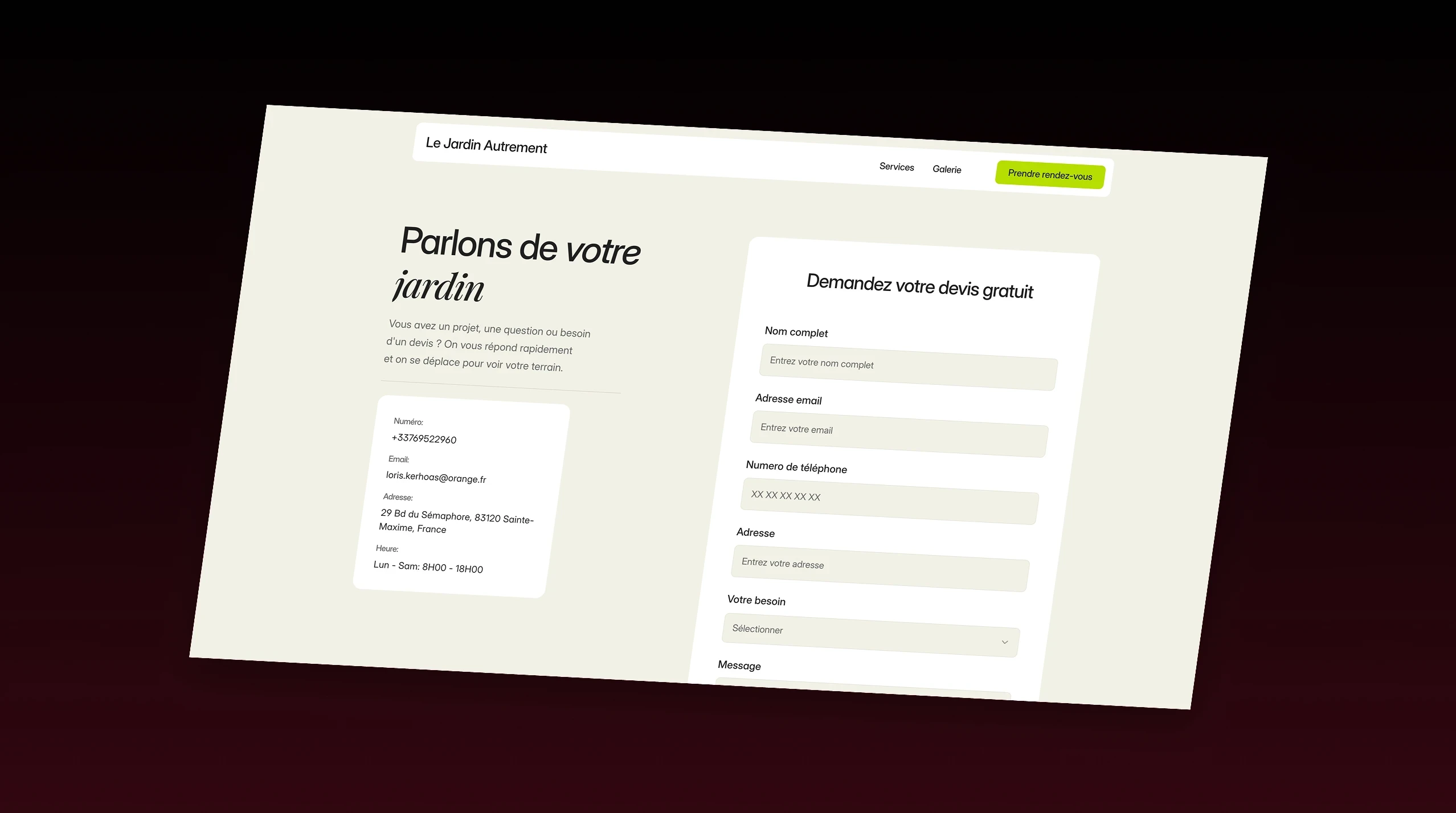 Page contact du site : coordonnées de l’entreprise et formulaire de demande de devis