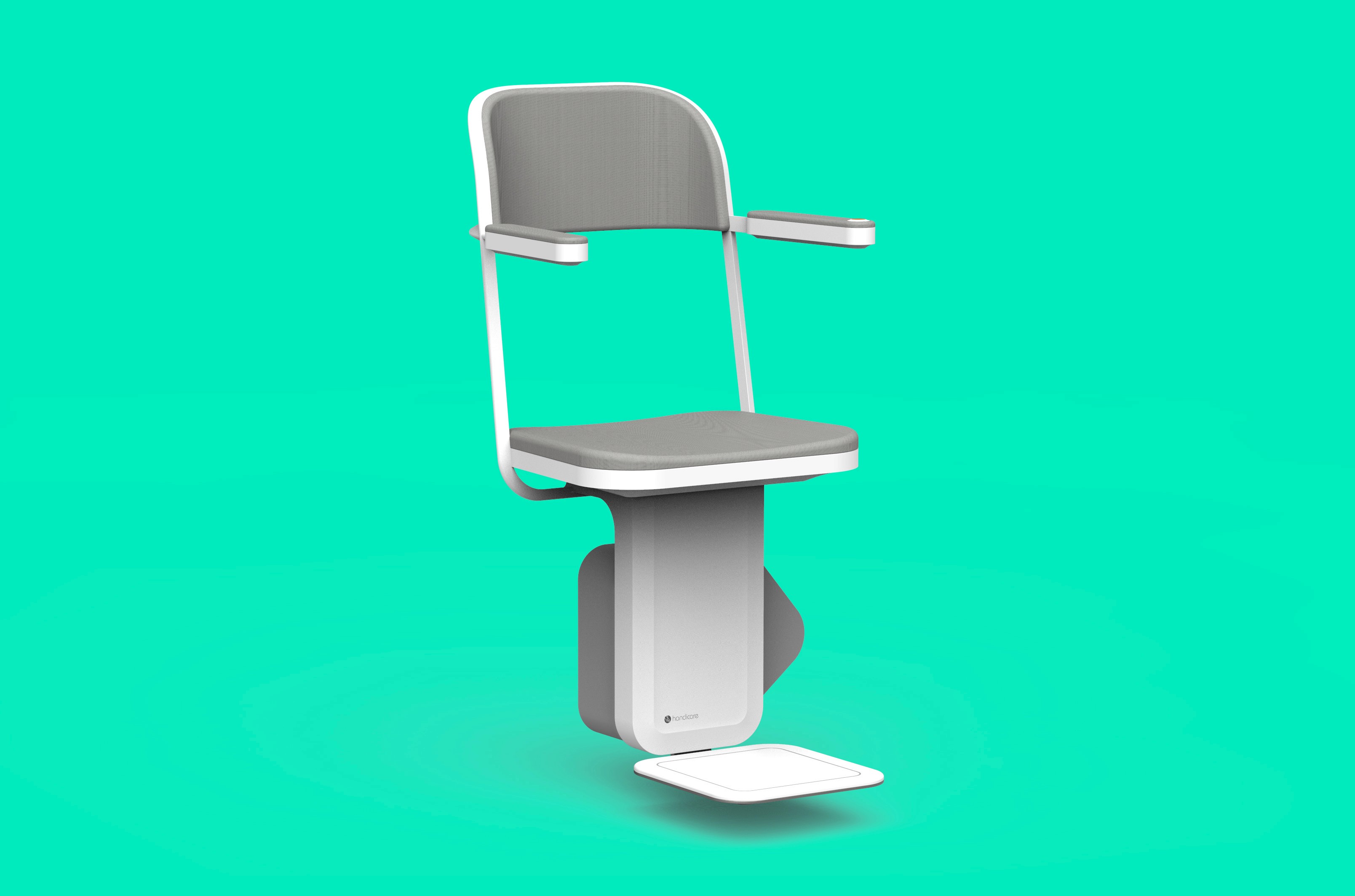 Stairlift designed to assist elderly patients at home, providing safety and mobility against a turquoise background.