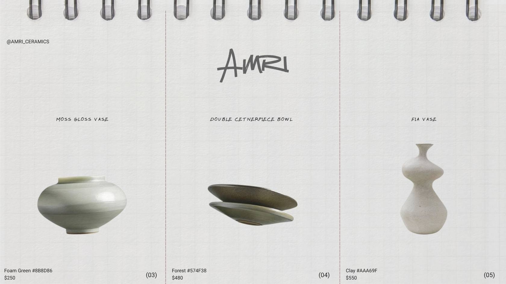 Minimal ceramic product catalog featuring handcrafted vases and bowls displayed on a clean sketchpad layout for a modern product branding and social media concept.