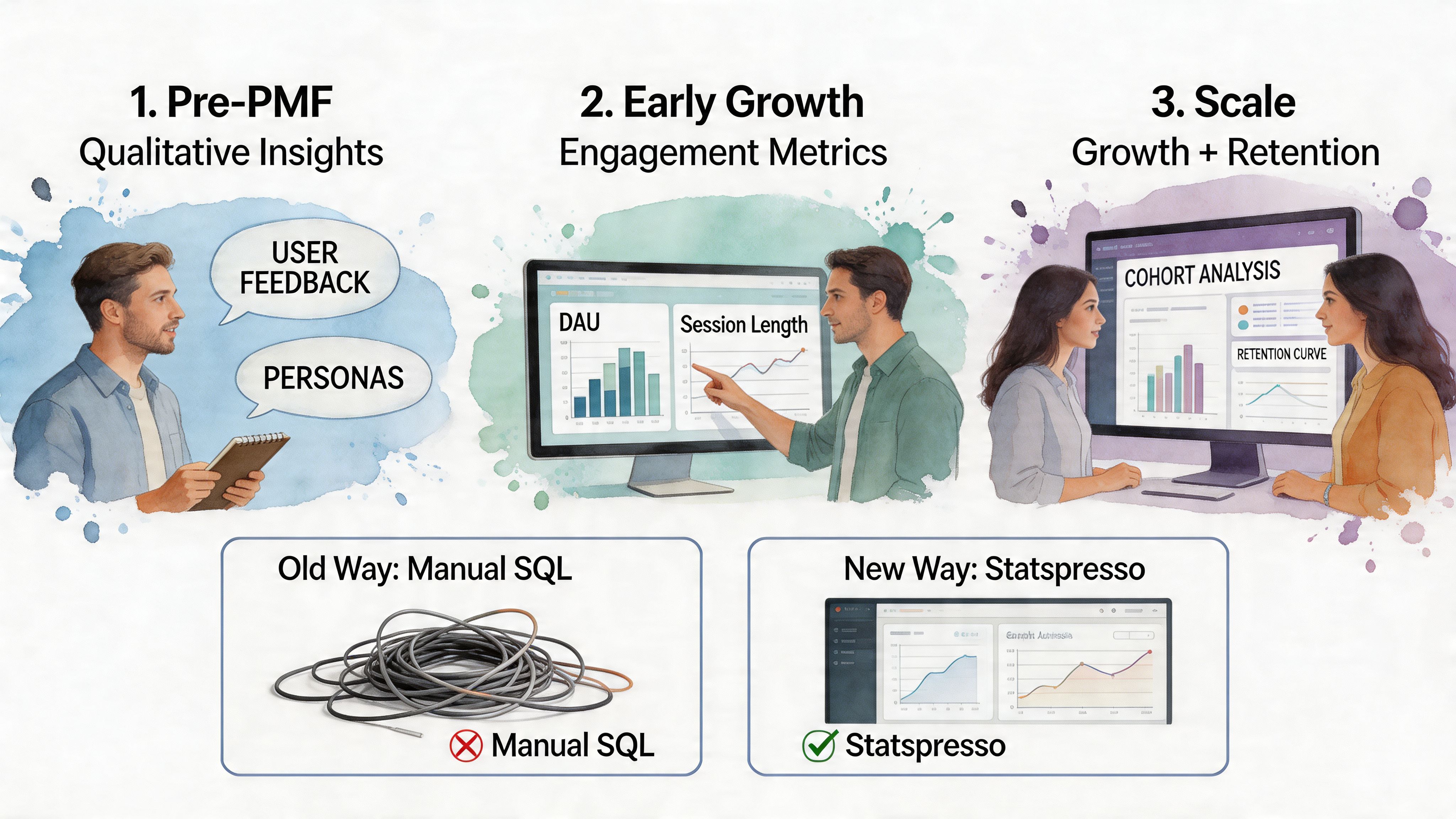 A visual guide illustrating the stages of startup growth using data analytics tools versus manual methods.