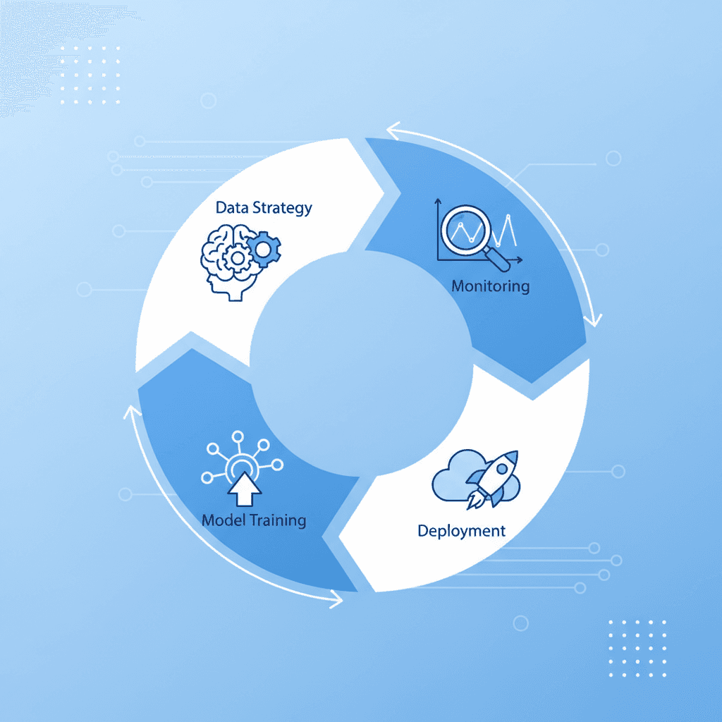 AI product development lifecycle diagram showing the iterative stages from data strategy to deployment and monitoring