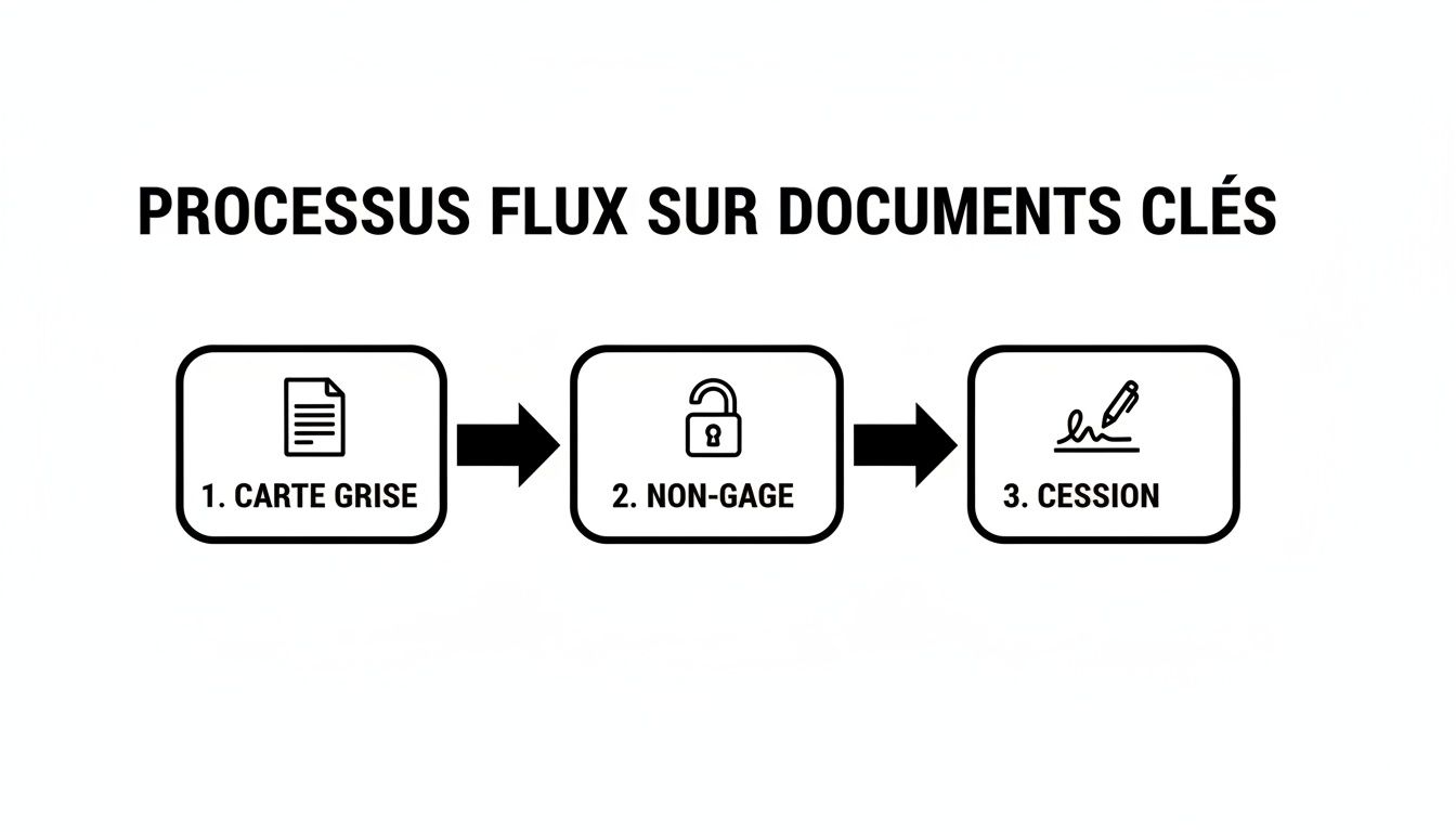 Diagramme de flux décrivant trois étapes clés du processus de documents : carte grise, non-gage et cession.
