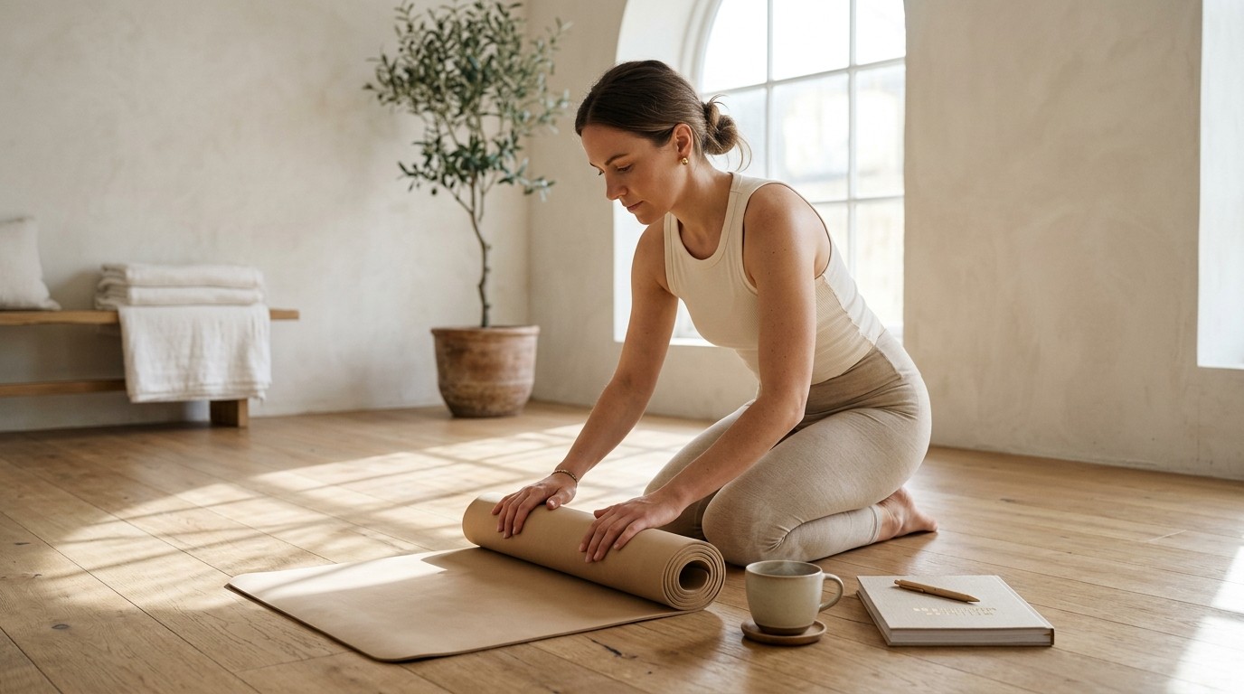 Woman rolling a yoga mat in a bright studio