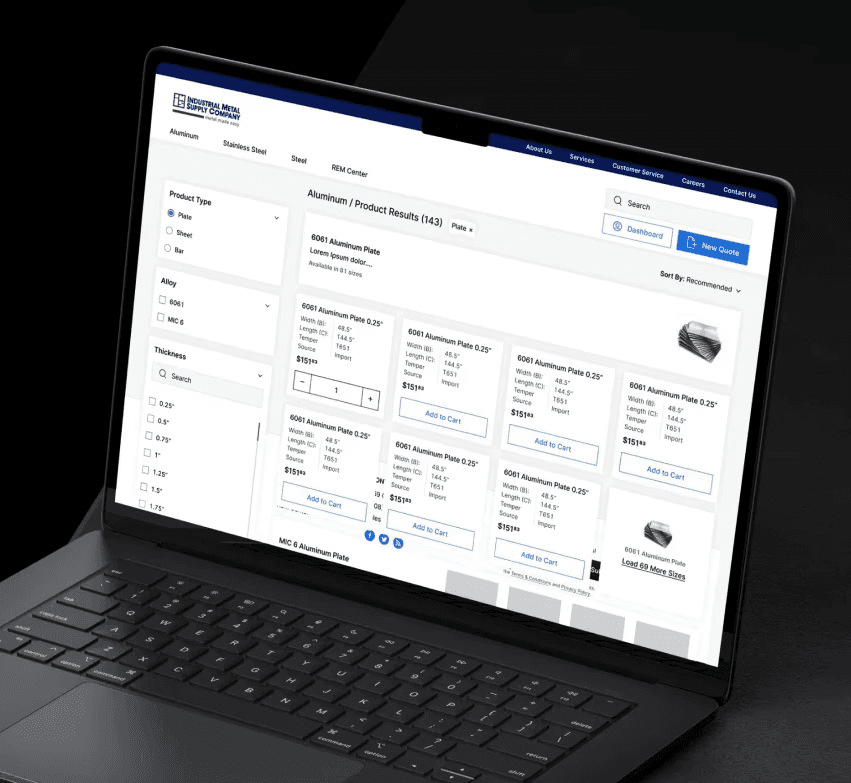 Industrial Metal Supply Company Website Design: Detailed B2B e-commerce platform displayed on a laptop, showing a product catalog with specific filtering options for metal plates.