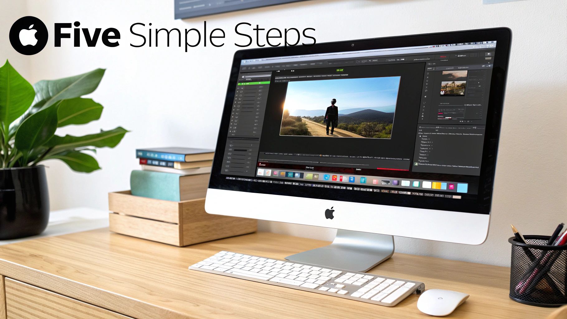 A modern workspace with an iMac displaying photo editing software, a plant, books, keyboard, and mouse.