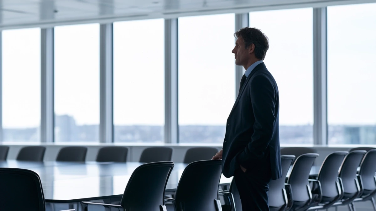A person slowly turning their head and looking out over an empty meeting room.