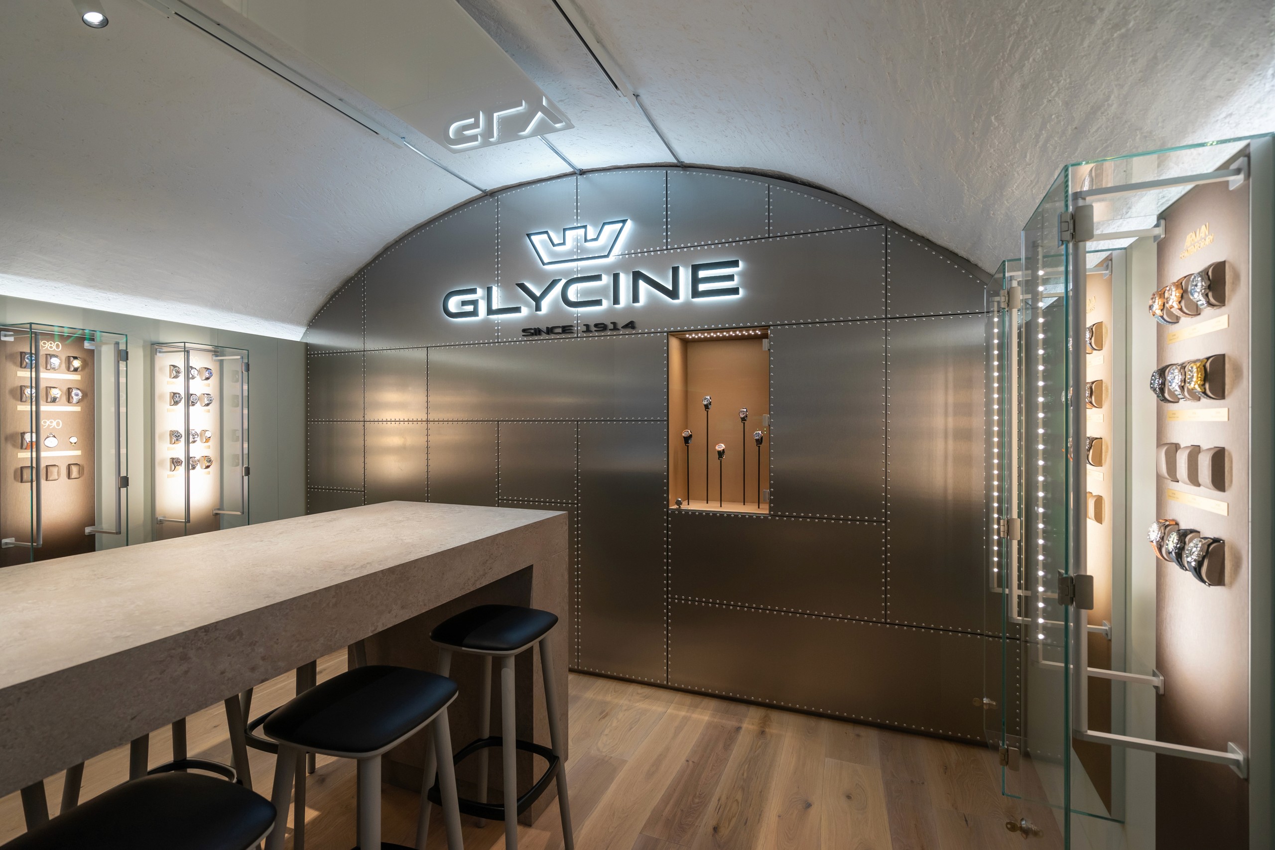 Aircraft inspiration backwall  for Museum Glycine Watches design Concept in Biel Switzerland 