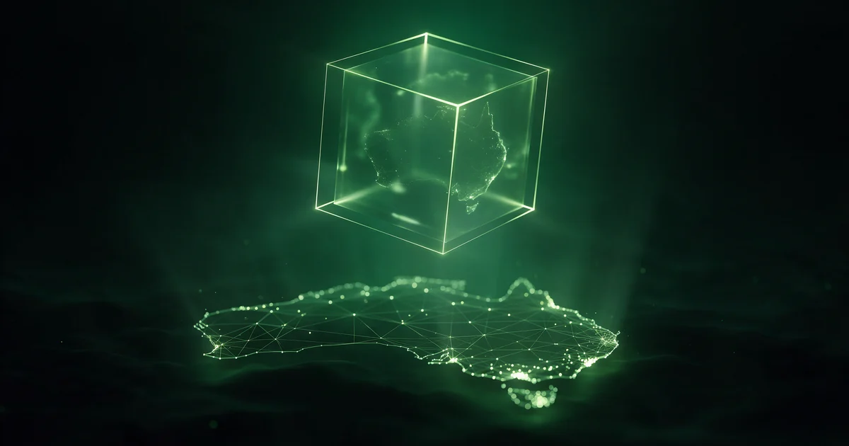 Glowing green wireframe cube over a networked map of Australia, illustrating AI governance.