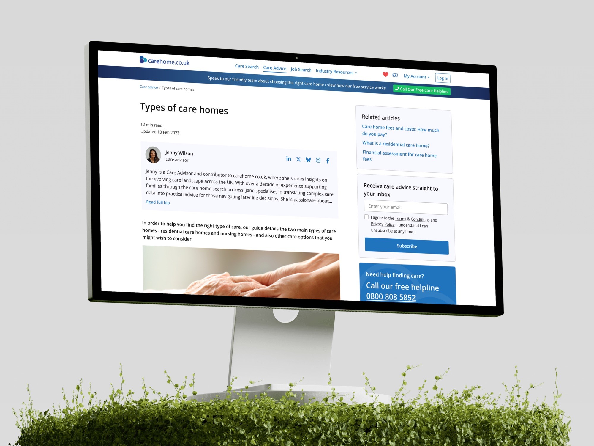 Types of care homes advice article on a desktop screen, with the care advisor named under the headline and the helpline card in the side column