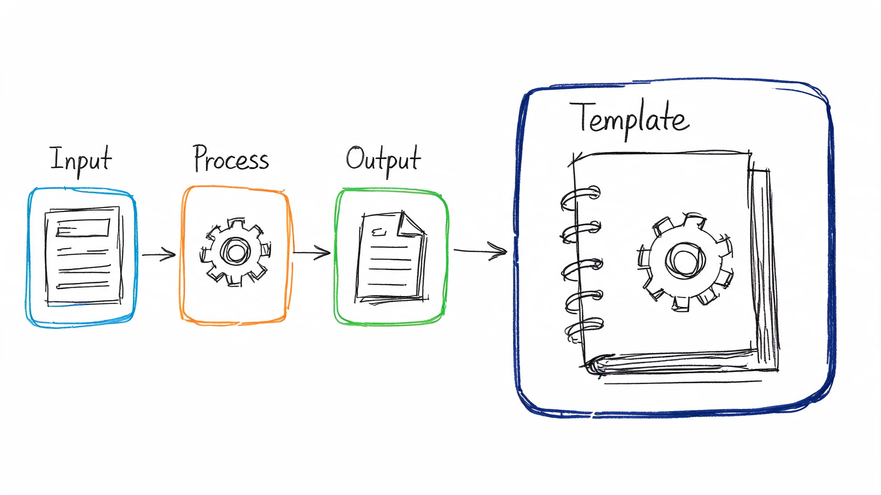 A hand-drawn flowchart illustrating the process of converting input documents into a final interactive notebook template.