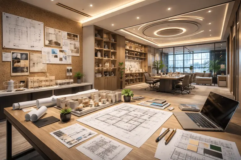Μελέτη και αρχιτεκτονικός σχεδιασμός επαγγελματικού χώρου με μακέτες, κατόψεις και σύγχρονο γραφείο στα Μεσόγεια από τη Design Chama
