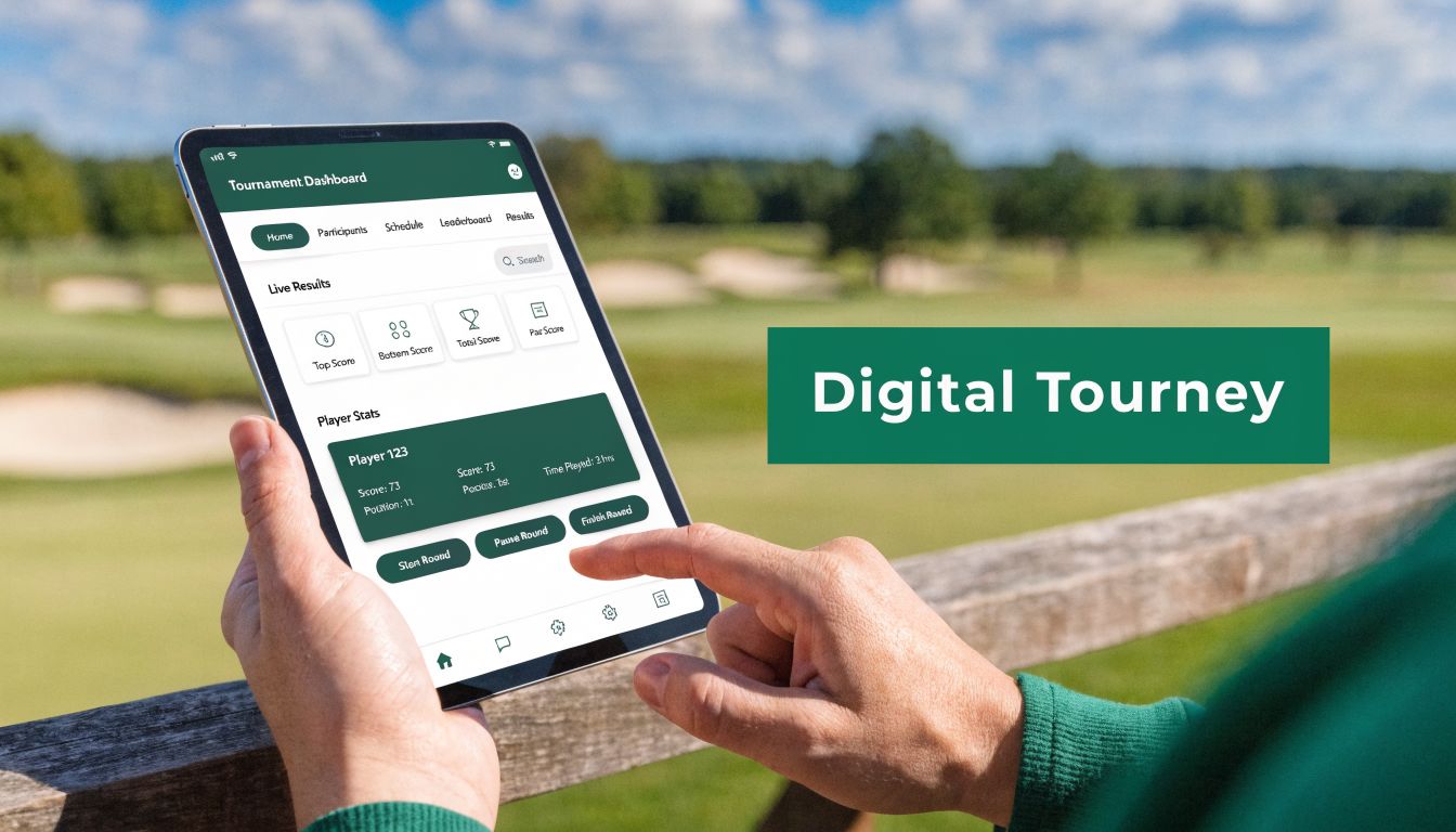 A person holding a tablet displaying a golf tournament dashboard app at a sunny golf course.