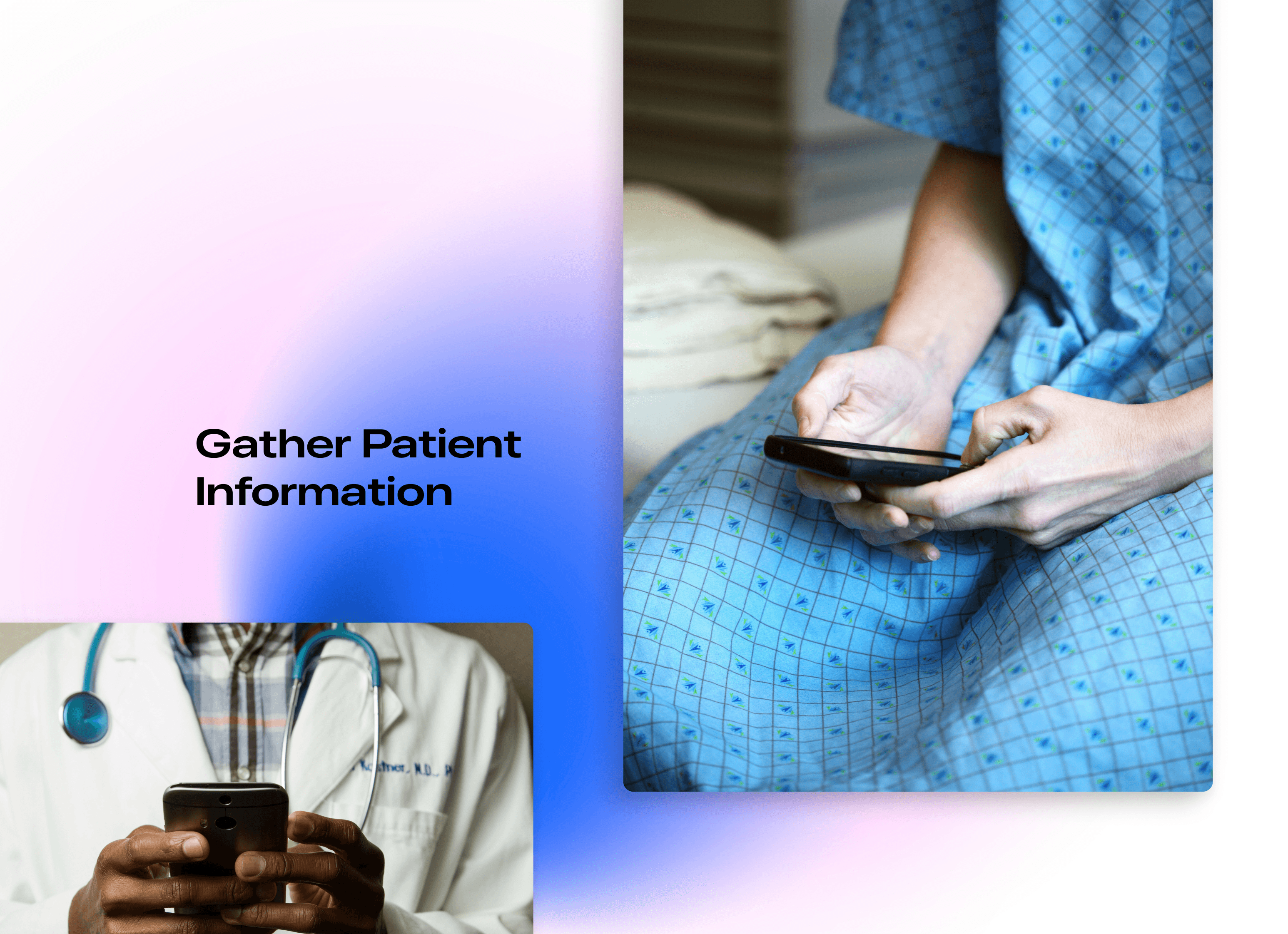 A doctor and patient interacting with a smartphone, illustrating AI-assisted patient data collection in a medical context