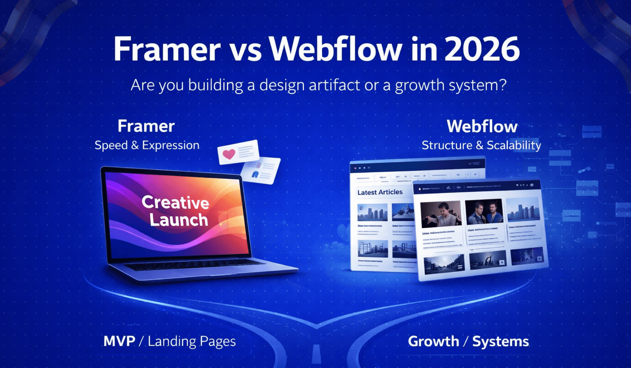 Framer vs Webflow in 2026 comparison graphic featuring a laptop and CMS interfaces.