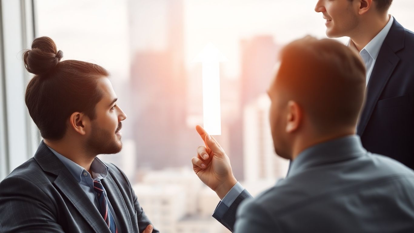 Business professionals discussing growth strategies with an upward arrow.