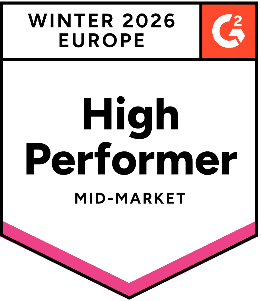 G2 badge indicating "High Performer" for Mid-Market, Fall 2024, featuring a shield shape with associated text.