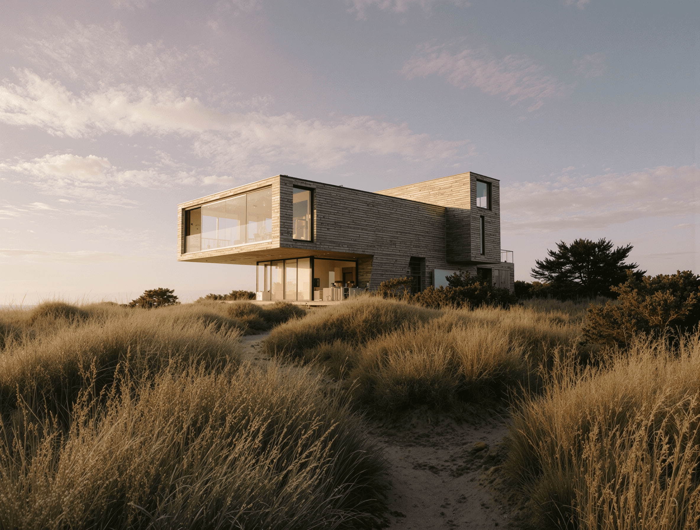 A cantilevered modern home set above coastal grassland and dunes.