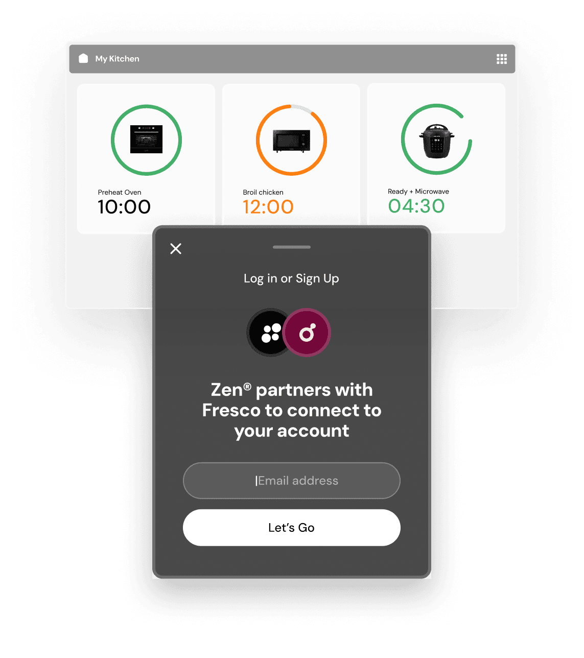 Dashboard shows multiple connected appliances with cooking times like "Preheat Oven 10:00", "Broil chicken 12:00", and "Ready Microwave 04:30" alongside a login screen reading "Zen partners with Fresco to connect to your account" with email field and "Let’s Go" button