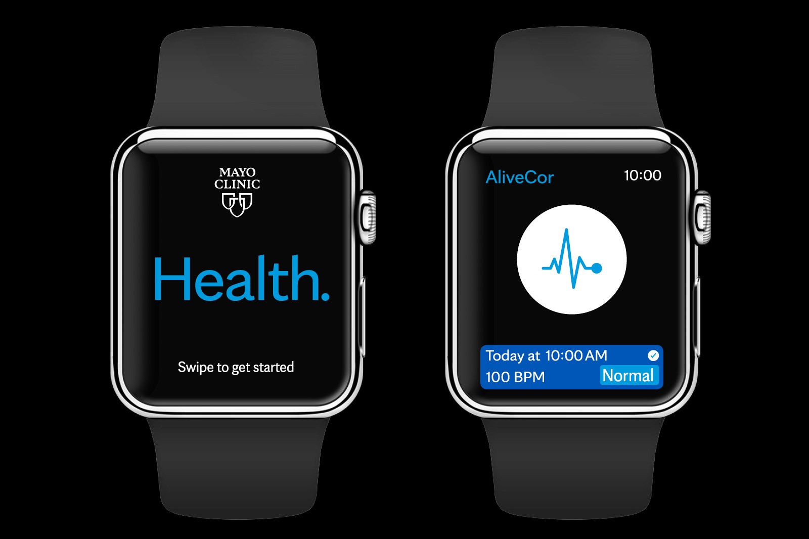 Two smartwatches displaying health-related apps on their screens, set against a dark background.