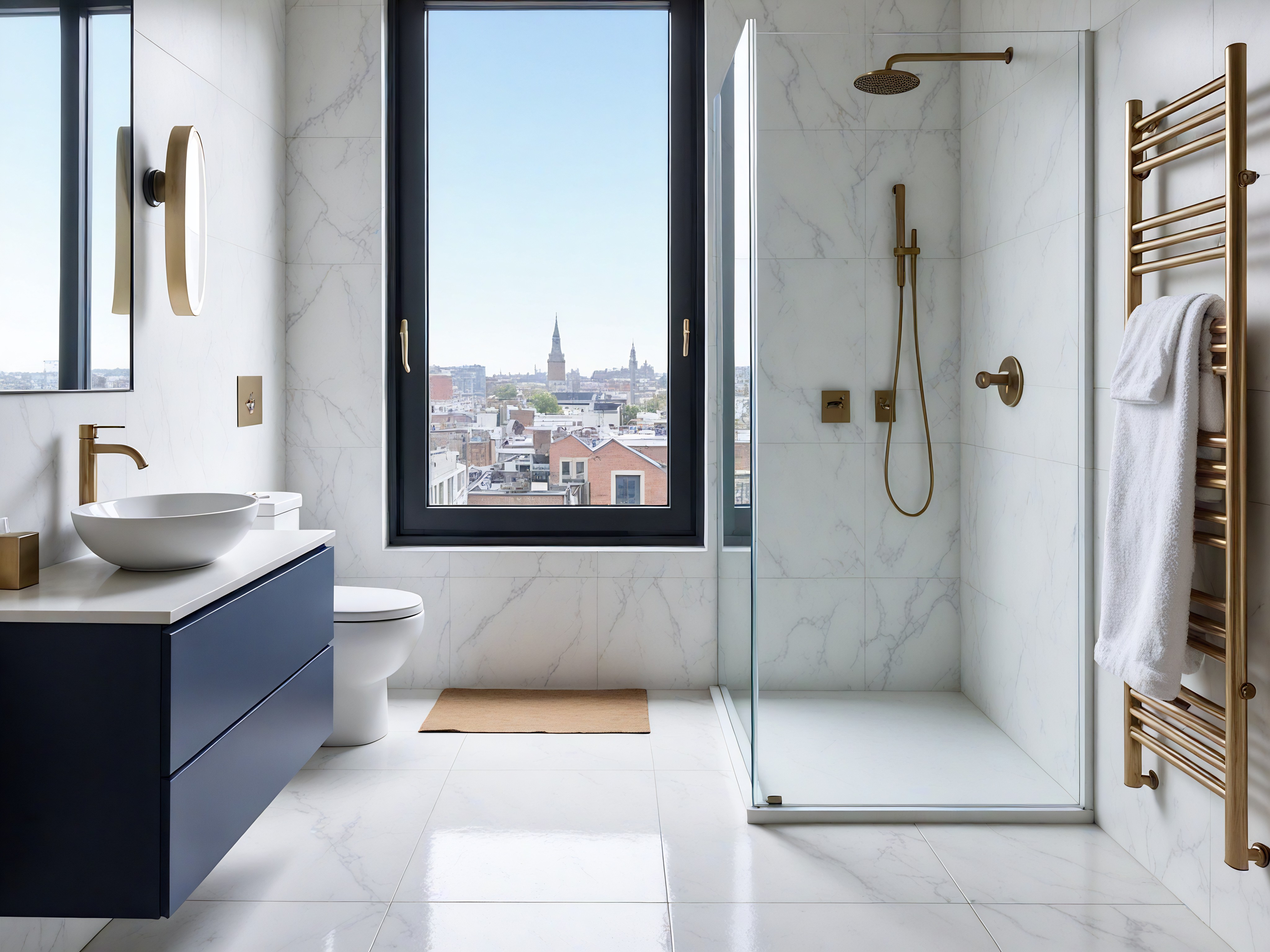 A classic and elegant bedroom with off-white walls features decorative grey raised panels and intricate ceiling moldings. In the left corner, an off-white bedside table with a curved top and three grey drawers with gold-colored handles sits, holding a large grey vase-style lamp with an off-white shade and a glass vase with small stems of tiny buds. In front of the curved, raised wall panel to the right is an off-white double-sized winged upholstered bed with light-colored bedding and beige cushions. At the foot of the bed is an ornate gold-colored and off-white upholstered bench.  A large square-shaped grey rug sits under the bed. In the far wall, between a raised panel on the left and a large, mullioned window is a white wooden door with two panels and round, gold-colored handles. To the right of the window, against the wall, is a large dark-grey vase with a healthy green plant. Sunlight streams in through the window, illuminating the room.