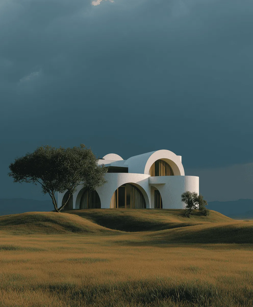 A futuristic building with curved shapes sits on a grassy landscape under a dark, cloud-filled sky.