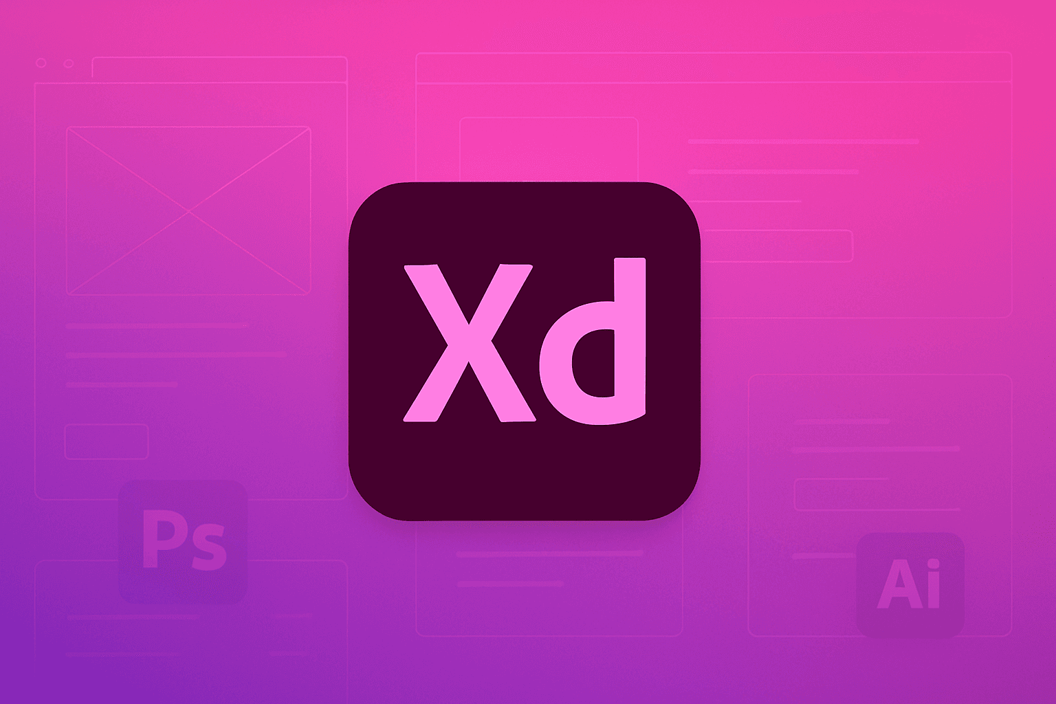 Adobe XD logo on a pink–purple gradient background with subtle UI layout wireframes, highlighting prototyping and interface design tools.